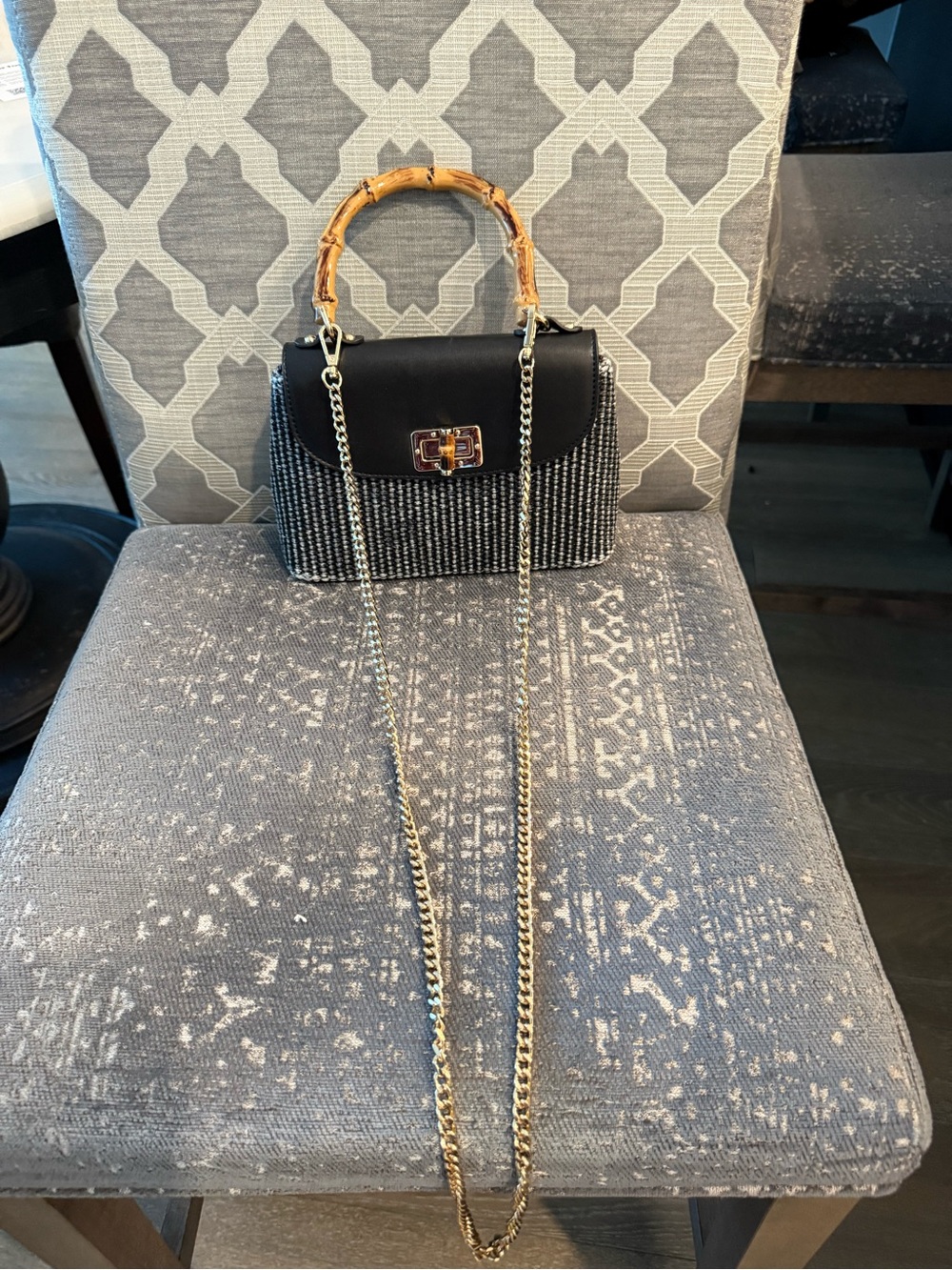 Navy Tweed Bamboo Handle Crossbody Bag